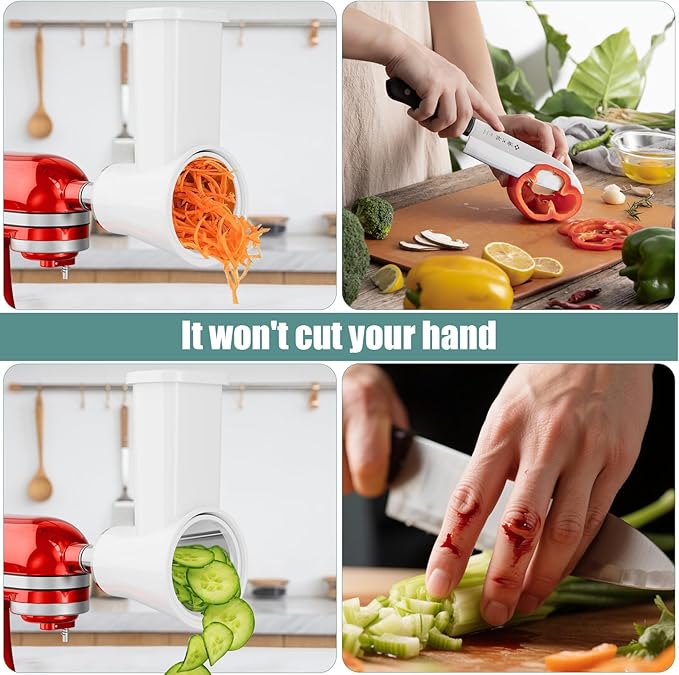Slicer Shredder Attachment for KitchenAid Stand Mixer, Cheese Grater Attachment for Kitchenaid, Salad Maker, Grinding Powder, Dishwasher Safe with 4 Blades, White