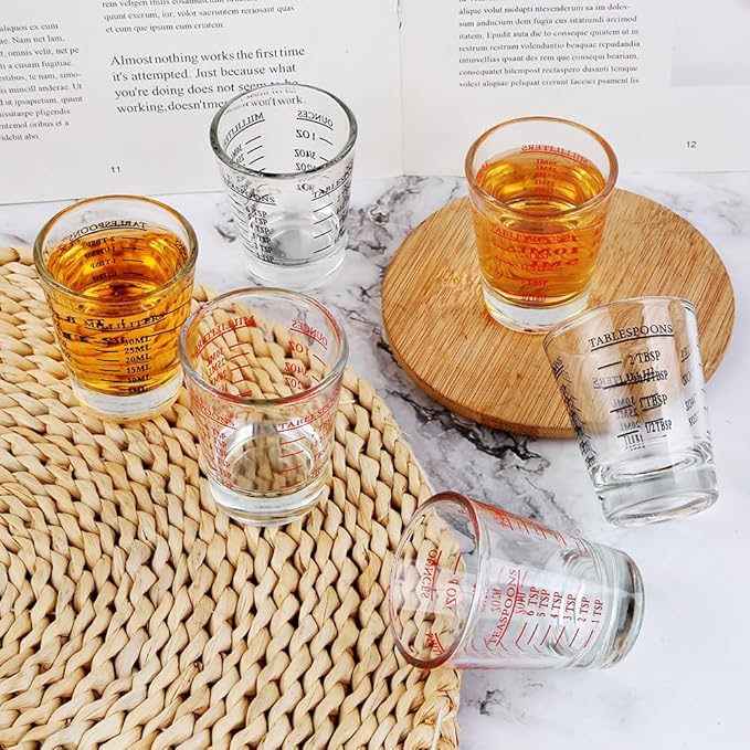 Set of 4 Shot Glasses - Heavy Glass, Perfect for Measuring Espresso, Wine, and More 26-Incremental Measurement 1oz, 6 Tsp, 2 Tbs, 30ml (4, Red+Black)