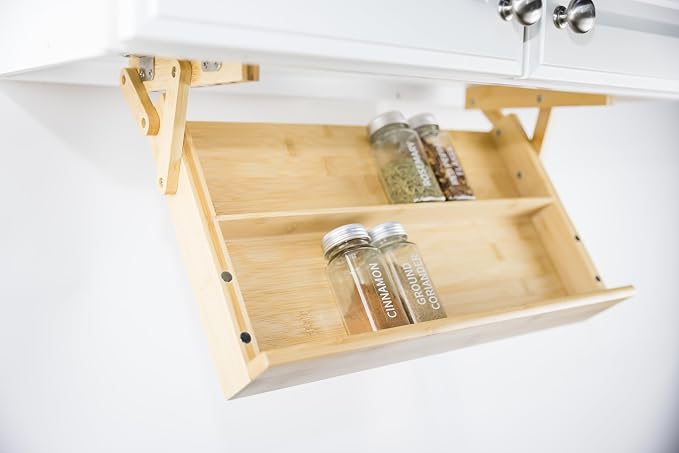 Premium Bamboo Easy Under Mounting Cabinet Spice Storage Rack designed with magnetic closure and locking mechanism