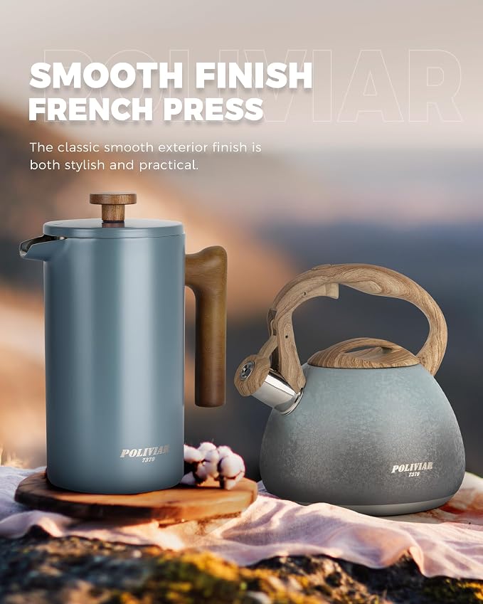 POLIVIAR French Press Coffee Maker, 34 oz Coffee Press with Real Wood Handle, Double Wall Insulation & Dual-Filter Screen, Food Grade Stainless Steel for Good Coffee and Tea (Alpline) | Real Wood Handle Coffee Press, Double Wall Insulation, Dual-Filter...