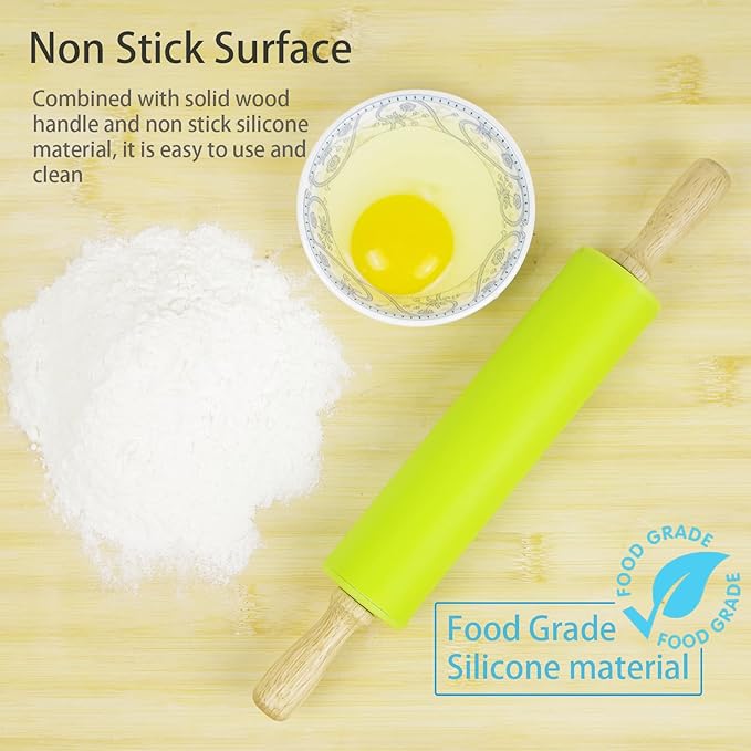 Silicone Rolling Pin for Baking Non-stick Rolling Pin Dough Roller Wooden Handle Kitchen Accessories Pastry Roller