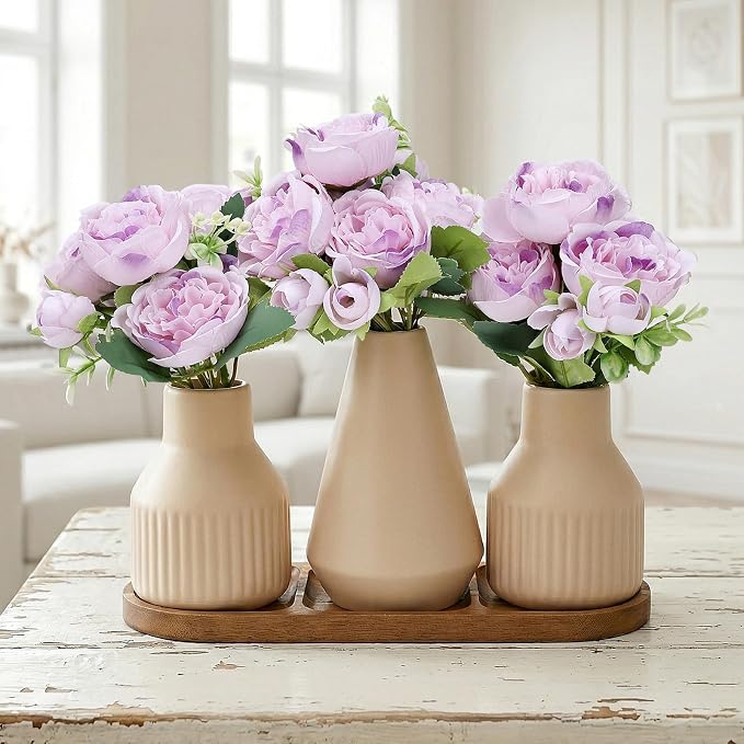 Flower Table Centerpiece - Dining Table Centerpiece Decor Set of 3 Fake Peonies in Ceramic Vases & Wood Tray Modern for Kitchen Island Living Room Coffee Table Home Decor (Light Purple)