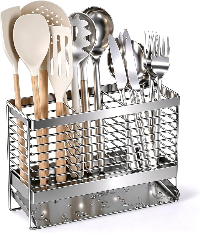 Utensil Holder, Upgrade Stainless Steel Utensil Drying Rack with Automatic Drain Tray for Kitchen Counter, Silverware Cutlery Organizer for Spoons, Forks, Knifes, Chopsticks (Silver)