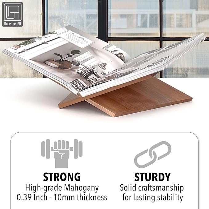 Large Wood Book Stand, 12.5" x 9.5" x 5.5”, Angled Natural Mahogany Wooden Book Holder, Open Bookstand for Display and Reading, Cookbooks, Art Books, Bibles, Magazines - Home and Office