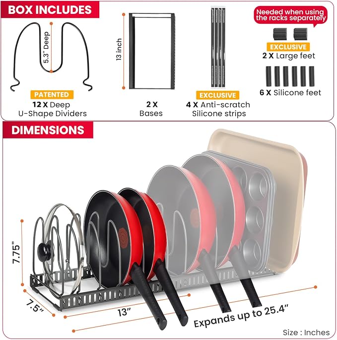 Better Things Home 12 Adjustable Dividers, Pan Pot & Bakeware Rack, Anti-Scratch Silicone Protection, Expand or Separate, Cabinet Countertop Pantry Organizer Rack (Large 8" W, Dark Grey)
