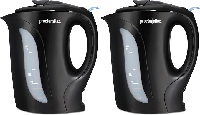 Proctor Silex Electric Tea Kettle, Water Boiler & Heater Auto-Shutoff & Boil-Dry Protection, 1000 Watts for Fast Boiling, 1 Liter, Black (K2071PS) (Pack of 2)