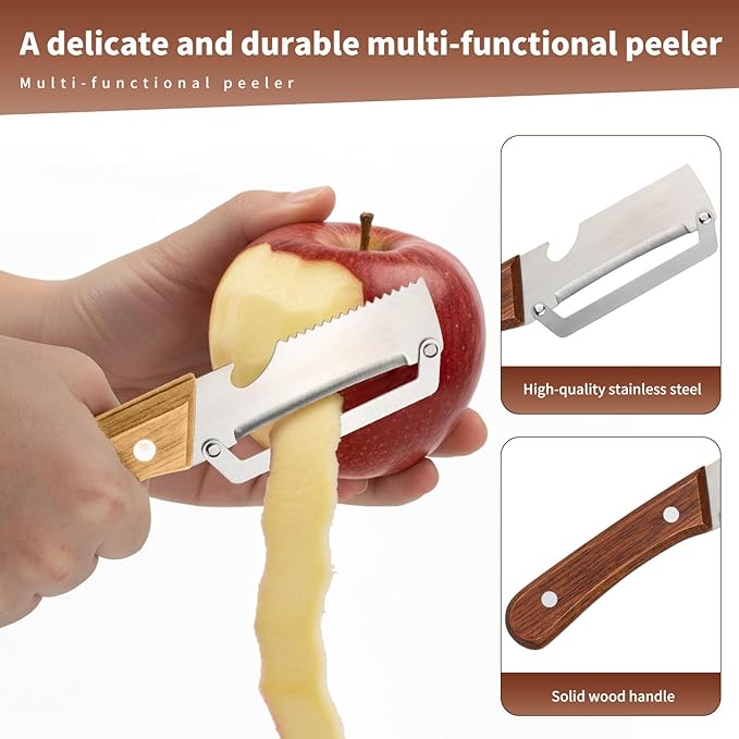 2Pcs Multi-Functional Vegetable Peeler for Kitchen, Premium Vegetable Peeler with Bottle Opener and Wooden Handle,Stainless Steel Blade,Kitchen Peeling Tool for Fruits Potatoes Apples Carrots Zucchini