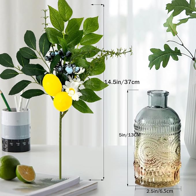 4PC Artificial Lemon Blueberry Branches with Vase for Home Decor Vivid Fake Lemon Twig Stem Bunch in Vase Summer Farmhouse Decor for Dining Table Centerpieces Office Coffee（Lemon）
