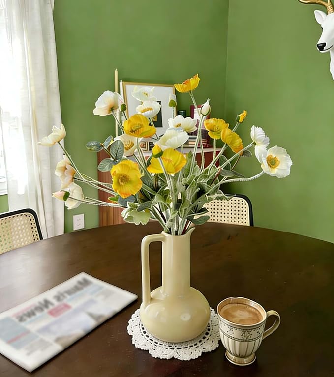 Poppy Artificial Flowers and Eucalyptus Stems, Fake White Yellow Stems for Vase, Silk Flowers Arrangement for Wedding Party Farmhouse Home Office Table Centerpieces Decorations