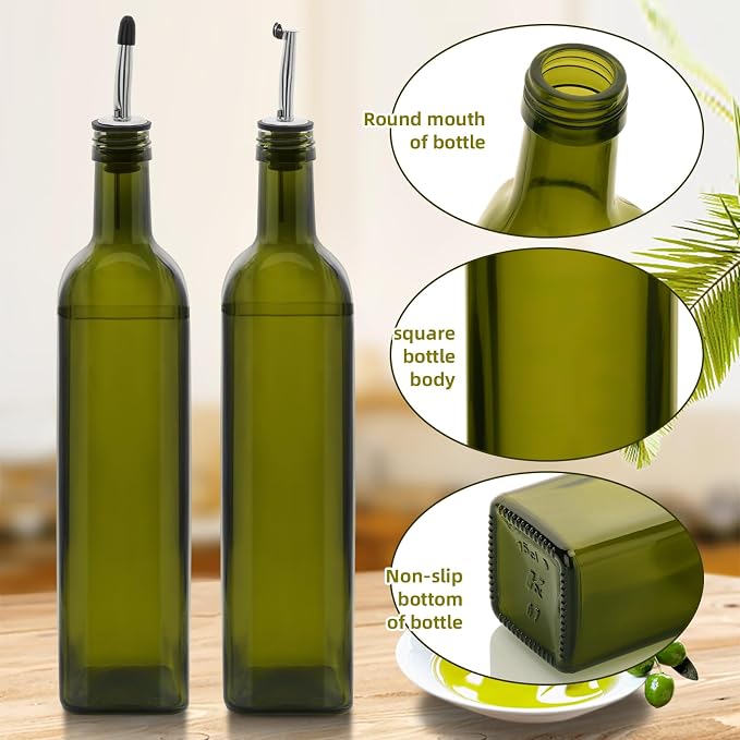 2Pcs 25 oz Olive Oil Dispenser Bottle,750 ml Glass Oil and Vinegar Dispenser Set with Pourers and Funnel ，Oil Bottles for Kitchen Large capacity oil bottles (Green 2pcs)