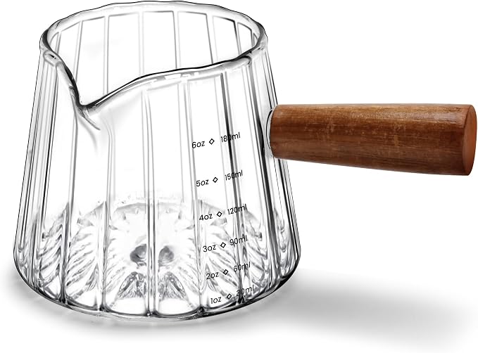 Espresso Measuring Cup 6 Oz, Espresso Glass Cups with Wood Handle, Milk Frothing Cup, Espresso Cup for Coffee, Milk, Tea or Maple Syrup Serving
