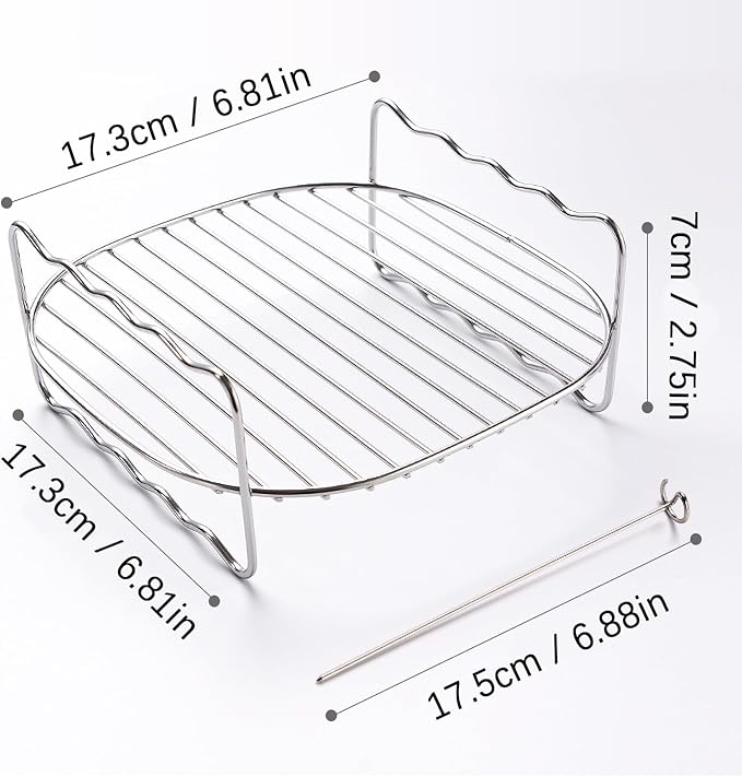 Air Fryer Baking Tray, Non-Stick Stainless Steel BBQ Rack, Double Layer Skewers Baking Tray, Round Air Fryer Rack, Cooling and Steaming Rack Basket for Baking, Grilling & Roasting