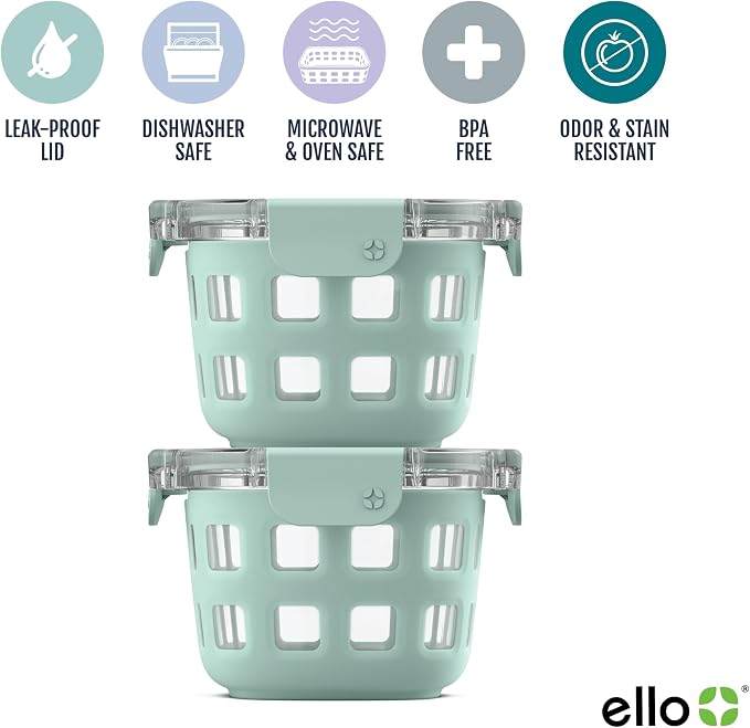 Ello Duraglass 2-Pack 2 Cup Reusable Glass Container Jar with Leak Proof Lids and Protective Silicone Sleeves | Perfect for Overnight Oats, Snacks, Yogurt | BPA-Free | Dishwasher Safe | Yucca