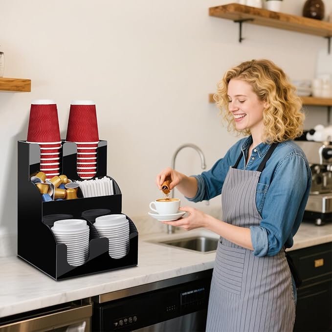 MYITYARD Coffee Station Organizer, 3-Tier Coffee Bar Accessories for Countertop, Acrylic Condiment and Cup Storage Organizer, 6 Compartments, Cup and Lid Holder for Pods, Syrup, Stirrer