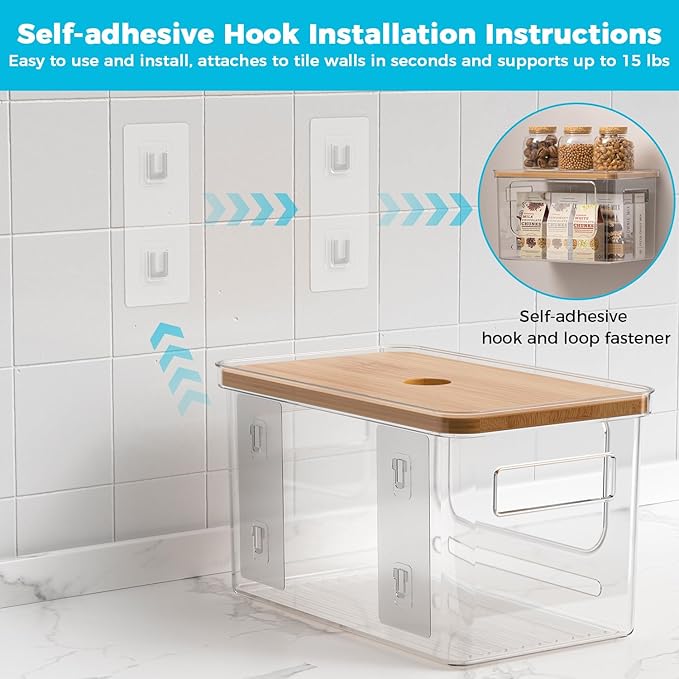 Trash Bag Holder Dispenser with Bamboo Lid, 2 Pack Clear Stackable Plastic Grocery Bag Holder for Home Kitchen Pantry Countertop, Medium & Large Wall Mounted Storage Bins for Onion Potato Storage