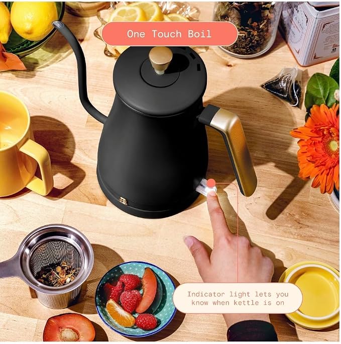 Beautiful Electric Gooseneck Kettle, 1 Liter, 1200W, Stainless Steel Interior, Fast Boil, Precision Pour Spout, Auto Shut-Off & Boil-Dry Protection (Black)