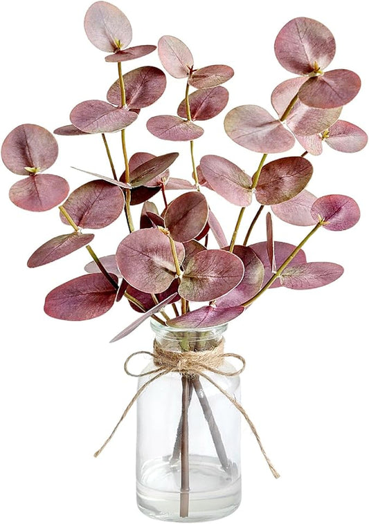 Muhanjia Artificial Eucalyptus Stems in Glass Vase with Faux Water,3Pcs Fake Plant with Double-Sided Purple Leaves for Centerpiece(Double-Sided Purple Eucalyptus)