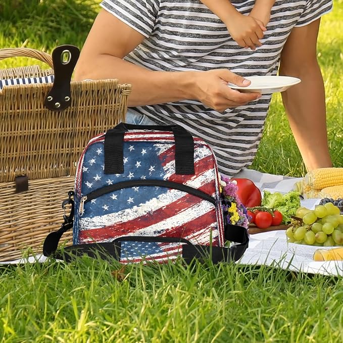 Pardick Vintage American Flag Insulated Lunch Bag for Women Leakproof Lunch Box Large Cooler Thermal Tote Bag with Shoulder Strap Meal Prep Bags for Work School Office Picnic Teen Girls Adult