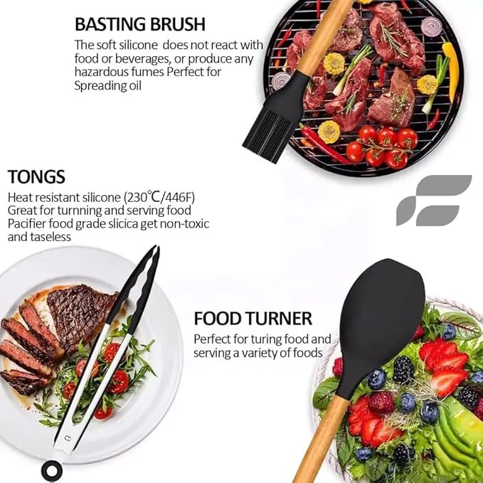 33PCS Silicone Kitchen Utensil Set, Heat Resistant Nonstick Cooking Utensils with Wooden Handles, BPA-Free Kitchen Tools Set (Black)