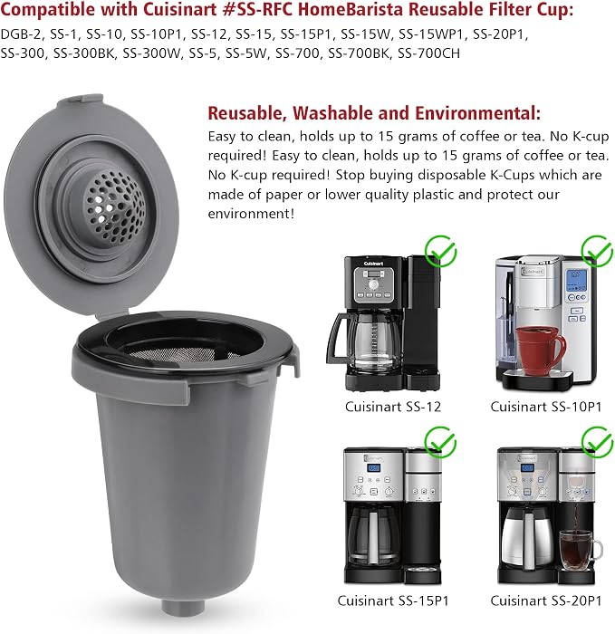 Reusable Filter Cup for Cuisinart, Compatible with Cuisinart #SS-RFC HomeBarista Reusable Filter Cup, Dark Gray (2 Pack)
