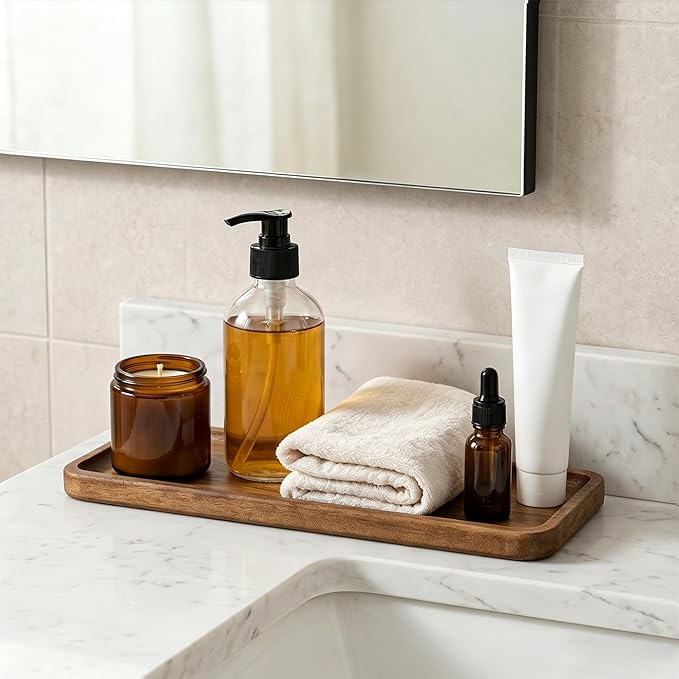 Small Wooden Tray | Acacia Wood Tray for Vanity, Bathroom Counter, Coffee Table & Toilet | Perfect for Jewelry, Remote, Perfumes & Catch All | Mini Charcuterie Board Serving Platter (Rectangular)