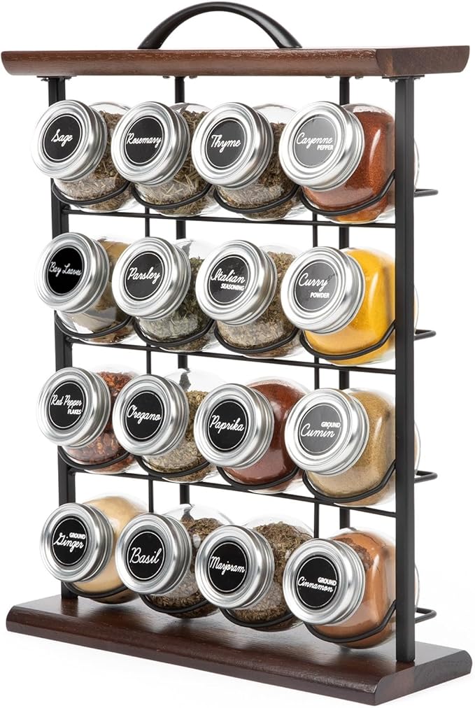 Orii 16 Jar Acacia Wood Vertical Spice Rack with Spices Included & 5-Year Spice Refill Program – Space-Saving Countertop Spice Rack with Glass Jars