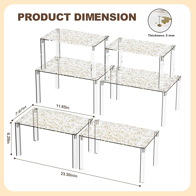 Acrylic Cabinet Organizer, Set of 4 Stackable Spice Rack for Kitchen Organizer Storage Countertop Spice Organization for Cabinet Display Shelves(Gold)