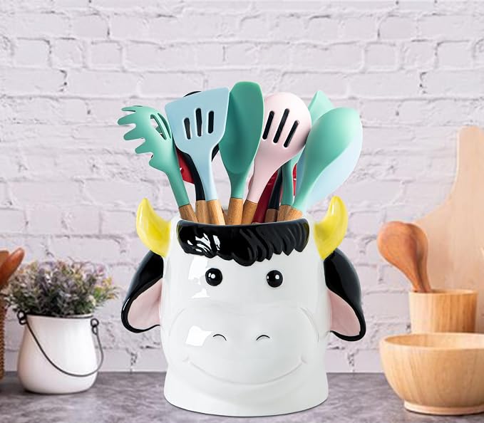 dgudgu Cow Kitchen Utensil Holder For Countertop Ceramic Utensil Crock For Kitchen Countertop, White Pink Decor Cute Farmhouse Storage Organizer For Forks, Spoons & Cooking Tools
