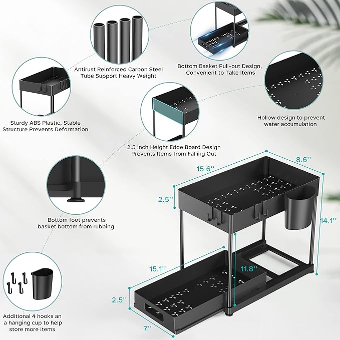 2 Pack Under Sink Organizer with Pull-Out Drawer, 2-Tier Cabinet Storage for Kitchen & Bathroom, Tool-Free Assembly, Fits Cleaning Supplies & Toiletries, Space Saving for Small Cabinets, Black