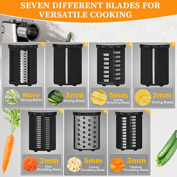 7 in 1 Electric Cheese Grater, 300W Cheese Grater for Block Cheese with 14 Blades, Y Peeler and Brush, Kitchen Automatic Cheese Shredder Electric for Vegetables, Fruits, and Salad
