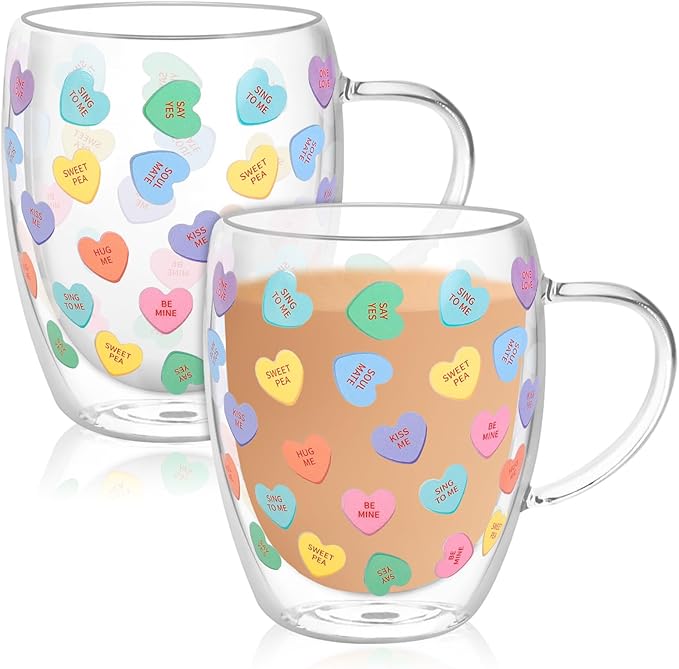 JarThenaAMCS Valentine' s Day Double Wall Glass Coffee Mugs Insulated Glasses 12Oz Candy Conversation Heart Clear Espresso Cups with Handle for Home Holiday Supplies, Set of 2