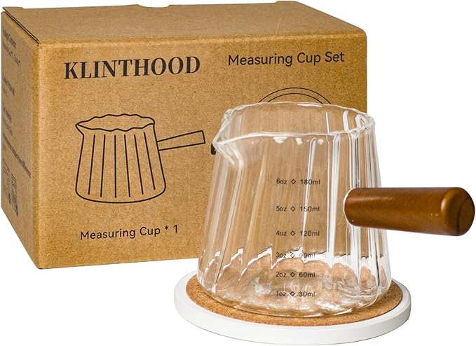Glass Measuring Cup 6OZ, Espresso Accessories, Expresso Shots Cup, Espresso Shot Glass with V-Shaped Mouth, Ribbed Milk Frothing Pitcher, coffee Espresso Cup(Wooden Handle)