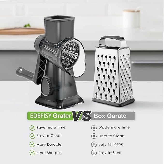 Cheese Grater Hand Crank Rotary Vegetables Shredder with Handle, 3-in-1 Graters with Interchangeable Blades and Non-slip Base Multifunctional Slicer for Kitchen