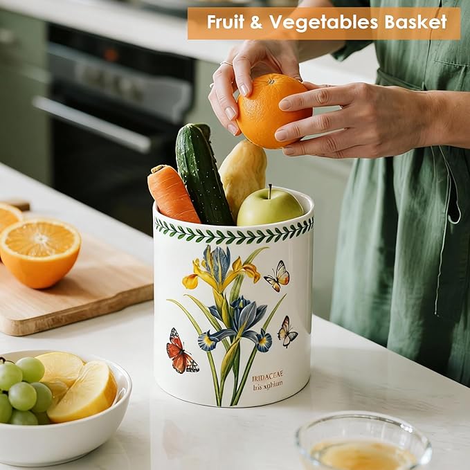 ACMLIFE Extra Large Cooking Utensil Holder, 7.3" Kitchen Utensil Holder for Countertop, Utensil Crock for Farmhouse Kitchen Decor, Ceramic Stable Utensil Caddy, Floral (Iris)