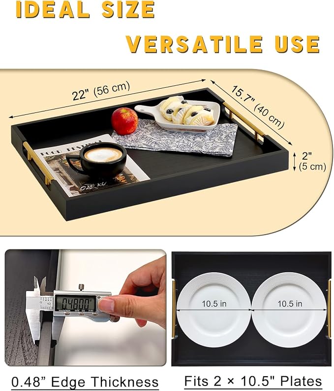 22" x 15.75" Black Wooden Ottoman Serving Tray with Golden Metal Handles | Large Rectangular Wood Tray for Living Room, Kitchen, Coffee Table, Coffee Station, Party