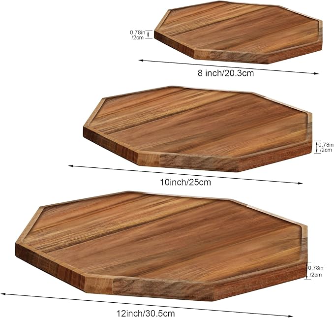 Set of 3 Acacia Wood Serving Trays, Octagonal Wooden Platters for Vegetable,Fruit, Charcuterie Boards,Cheese and Coffee Tea Platters Wedding Table Supplies Spring Serving Trays(8 in & 10 in &12 in)