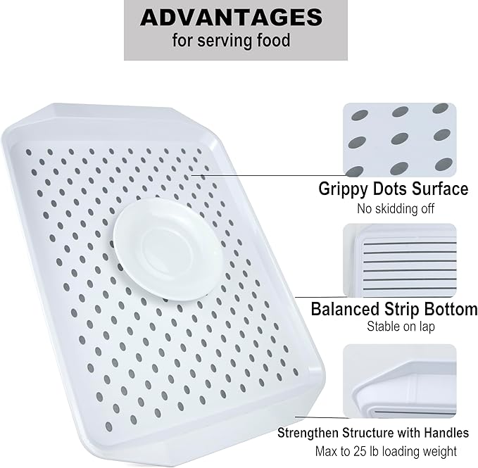 KAQAHIDO Large Non Slip Serving Tray with Grippy Dots, TV Lap Trays for Eating on Couch, Meal Serve for Dinner Breakfast, Rectangular Food Carrying for Plates, Glasses, Dishes, Set of 2, White
