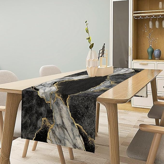 Marble Table Runner, Black Grey and Gold Abstract Modern Luxury Texture Printed Linen Table Runners for Home Farmhouse Kitchen Dining Room Party Holiday Decor 13" W x 36" L