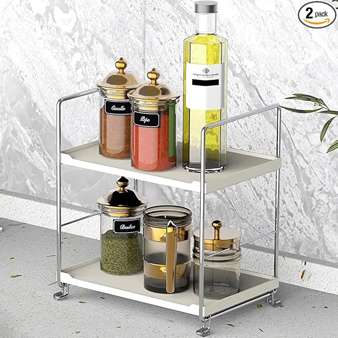 Plastic/Metal Freestanding Stackable Organizer Shelf,Bathroom Countertop Storage Shelf Cosmetic Organizer Holder Kitchen Spice Rack,2-Tier Standing Rack (Silver)