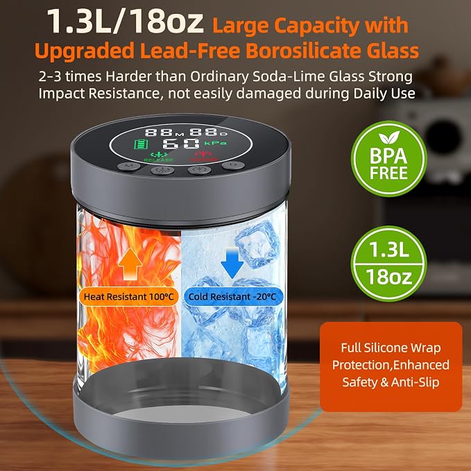 Automatic Vacuum Coffee Canister, 1.3L Airtight Food Storage Containers with Smart Pressure Sensor, Electric Coffee Bean Container Rechargeable with LED Display Window for Home Kitchen Food Storage