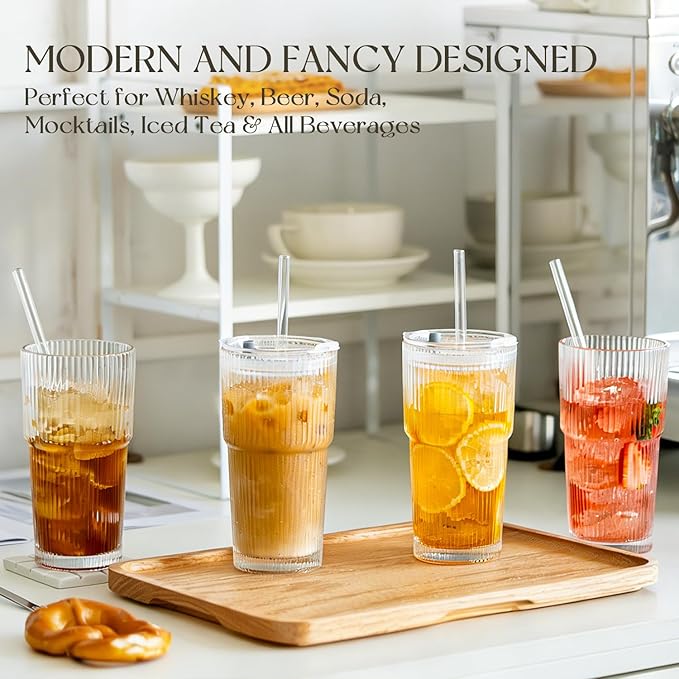 KEMORELA 4-Pack 20 oz Ribbed Glass Tumblers with Lids and Glass Straws – Vintage Iced Coffee Cups, Reusable Smoothie & Cocktail Drinking Glasses, Clear Glassware for Home or Cafe