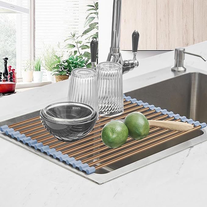Seropy Roll Up Dish Drying Rack Over The Sink Drying Rack for Kitchen Counter, Rolling Dish Rack Over Sink Mat, Foldable Dish Drainer Stainless Steel Rack Kitchen Organization Gold 17.5"x11.8"