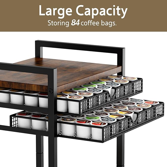 Miratino Coffee Cart Station, 4-Tier Coffee Station Organizer with Lockable Wheels, Coffee Pod Holder Drawer Holds 84 Pods, Coffee Bar Cart for Kitchen, Living Room, Office, Rustic Brown
