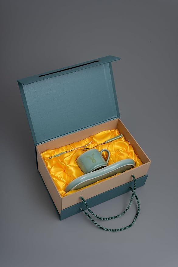 Longquan UNESCO Heritage Celadon Coffee Set Double-glazed collector's edition with oval-shaped plates and tableware - handcrafted sky blue glaze ceramic gift box (1, Sky blue glaze)