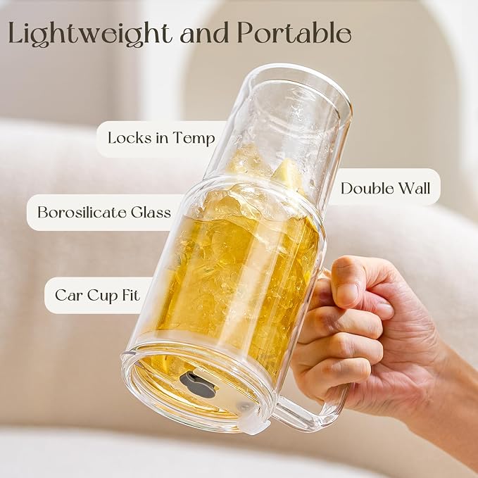 KEMORELA 2 Pack 28oz Double Wall Glass Tumblers with Handle, Lids & Straws – Large Insulated Clear Glass Coffee Cups for Iced Coffee, Matcha, Smoothies, Bubble Tea & Cold Drinks