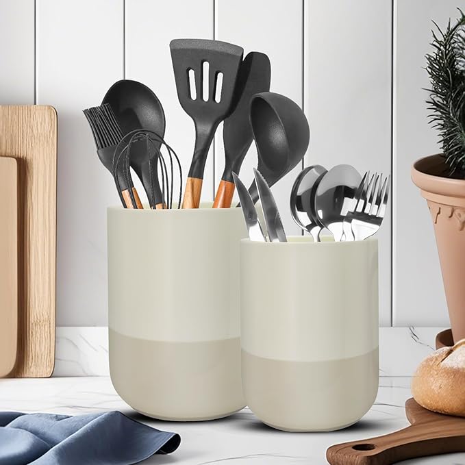 Ceramic Utensil Holder for Kitchen Counter, Black Kitchen Utensil Holder for Countertop, 2 Pcs Cooking Utensil Crocks for Spatula, Spoon, Forks, Plant (white-brown)