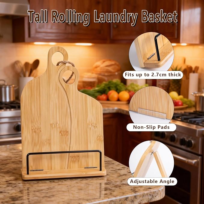 Adjustable Wooden Cookbook Stand for Kitchen Counter - Foldable & Space Saving Recipe Book Holder, Multi-Angle Reading Rack for Cookbooks, Phones, Tablets
