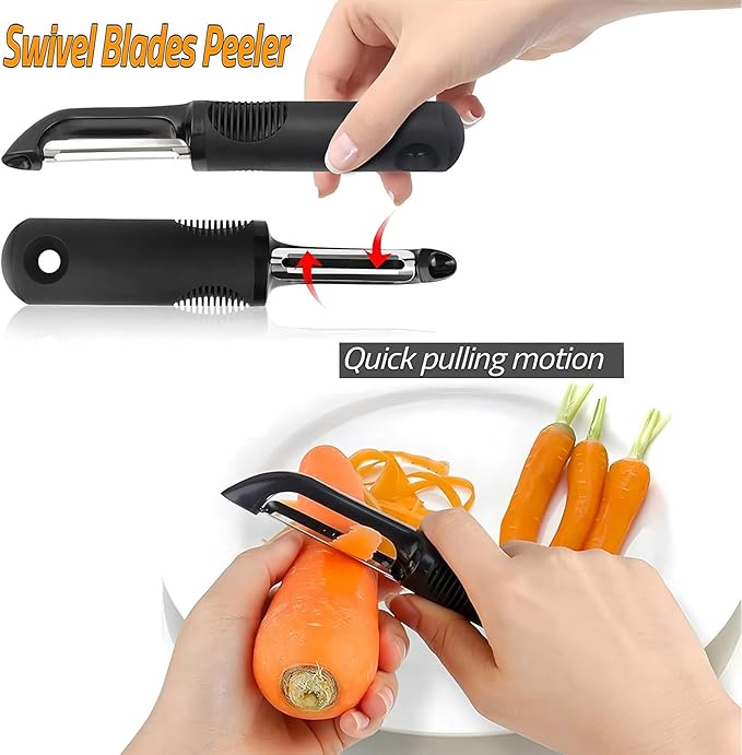 Swivel Vegetable Peeler with Non-Slip Ergonomic Handle,Rust-Proof Steel Blades,Built-in Potato Eye Remover,Plastic Blade Guard,Kitchen Peeler for Potato Carrot Apple Veggie Fruit (Black)