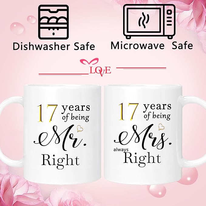 17th Anniversary Coffee Mugs Set of 2, 17 Year Anniversary Wedding Gifts Decorations for Couple Parents Men Women Husband Wife Him Her, Gift Box Packaging, 11oz