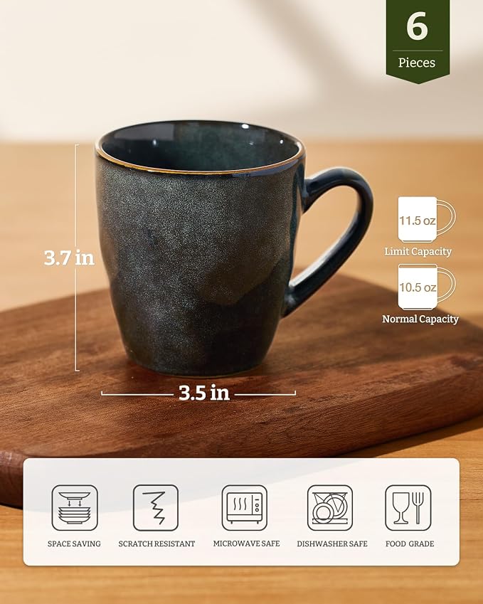 famiware Coffee Mugs Set of 6,Ocean Round 11.5oz Coffee Cup Set with Handle for Cocoa, Milk, Hot Chocolate, Tea or Water, Stoneware Cups for Kitchen, Microwave Dishwasher Safe, Deep Forest